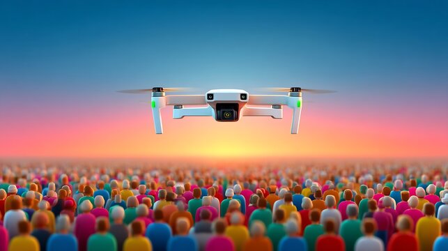Futuristic New Year Digital Concepts Drone Camera Icon Flying Over Virtual New Year Crowd ideal tech review articles and aerial infographic elements