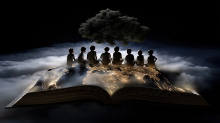 Silhouettes of Children Sitting on a Glowing Book with Sparkles and Night Sky