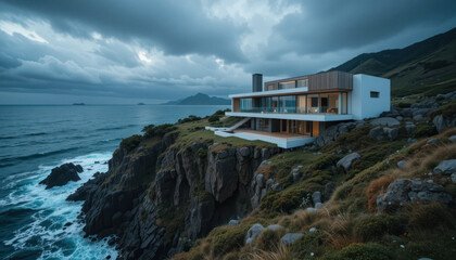Modern house perched on a dramatic cliff overlooking a stormy ocean.