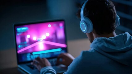 Young man with headphones playing video game laptop, neon lights reflecting screen, focused and immersive digital atmosphere, modern technology and entertainment night, illuminated by neon cityscape - Powered by Adobe
