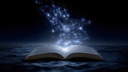 Open glowing book emitting sparkles over dark background.