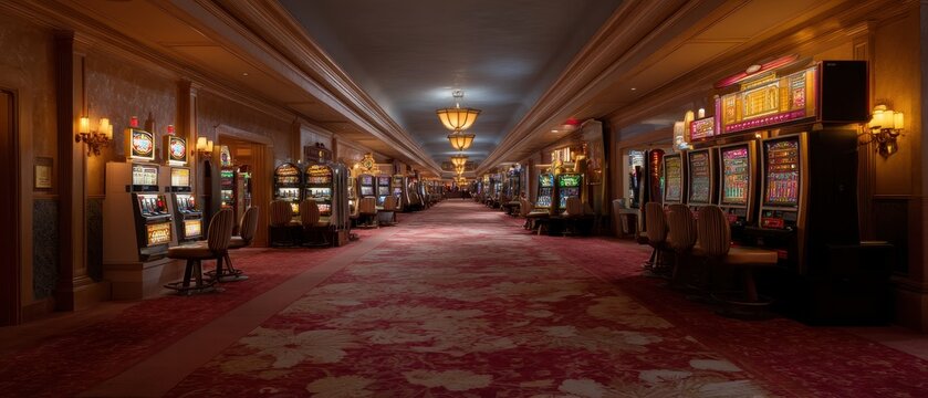 Casino floor at golden hour with slot machines and warm lighting