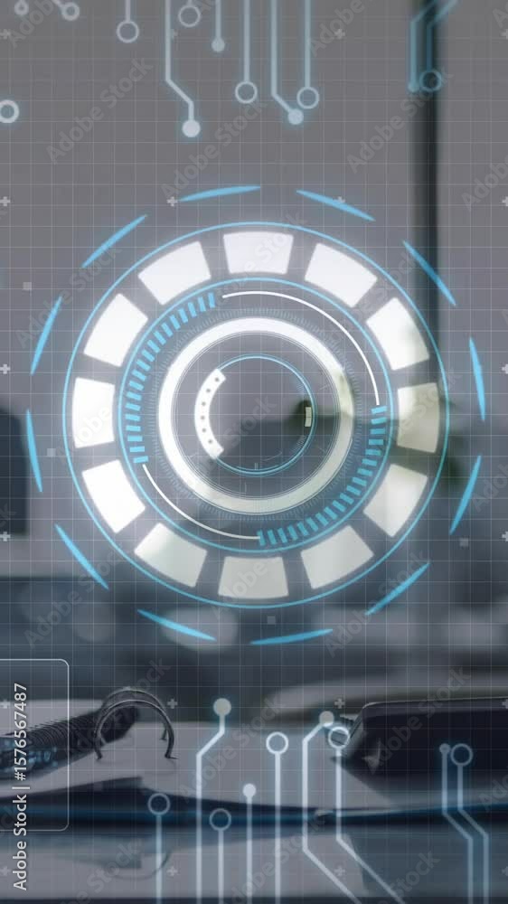 Poster animation of financial data processing with scope scanning over empty room in office