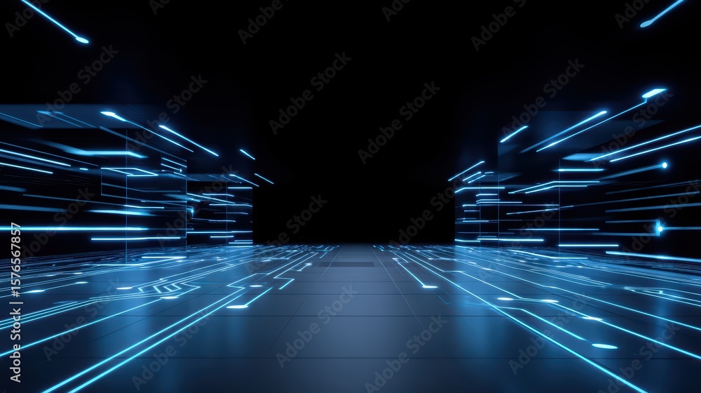 Poster futuristic digital pathway with glowing lines and abstract technology elements in a dark environment