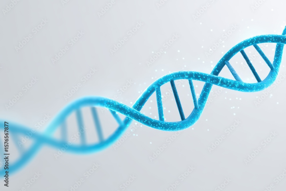 Poster 3d render of a spiraling blue dna helix on a light background with sparkling effects for science and