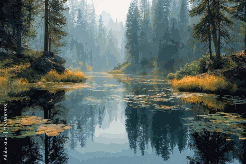Poster foggy morning on a still river in a forest with reflections of trees and sky creating a serene and t