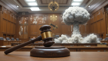 A gavel rests on a courtroom table, with a mushroom cloud explosion visible through the window.