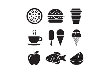 Collection of simple black food and drink icons on a white background