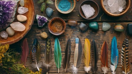 Collection of sacred shamanic tools laid out on an altar, feathers, crystals, and incense, 