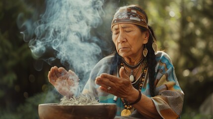 Indigenous shaman burning sage in a smoke-filled sacred space, 