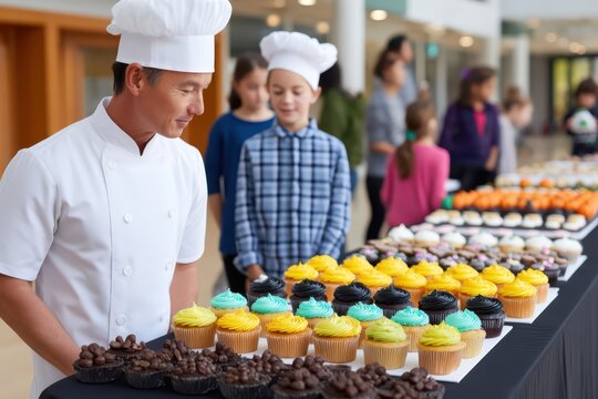 Chef and Young Bakers Admire Colorful Cupcakes at Baking Class Event in Modern Culinary School Setting