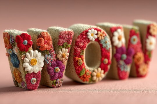 Colorful wooden letters spelling the word Wow stand on a pale surface against a neutral backdrop showcasing textured grain