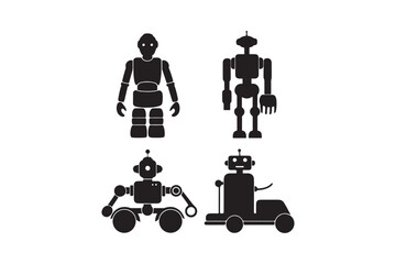 Collection of four distinct black robot silhouettes on a white background