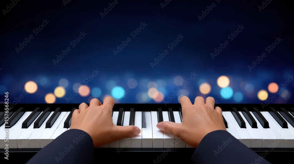 Poster hands playing piano keys with soft bokeh background in evening setting for musical and artistic them