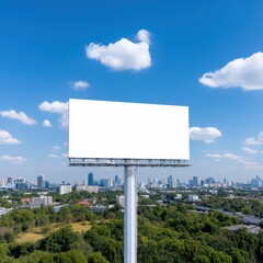 Fototapeta premium Blank Advertising Billboard with City Skyline and Blue Sky in Background