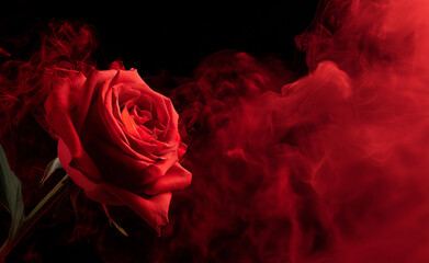 A red rose in a haze of red smoke against a black background, 