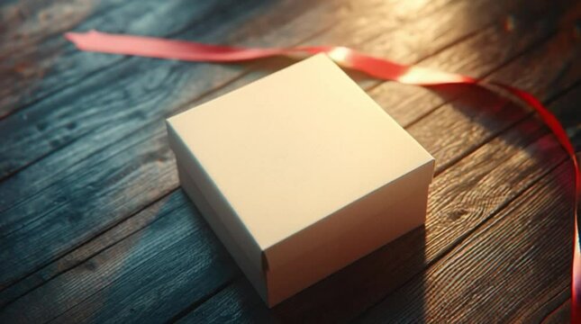 a cardboard gift box placed on a wooden table, neatly tied with a red satin ribbon bow, soft cinematic lighting, slight warm glow, photorealistic, top-down angle, high detail texture, 16:9