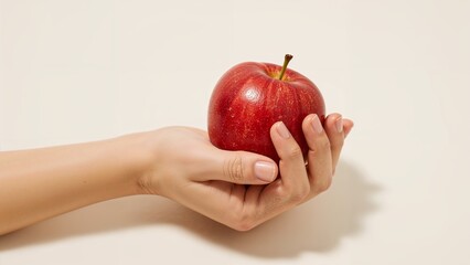 Hand Holding Red Apple on Plain Background
