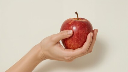 Hand Holding Red Apple on Plain Background