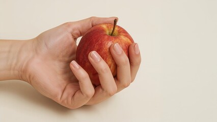 Hand Holding Red Apple on Plain Background