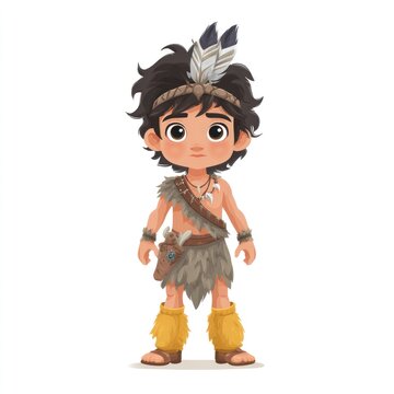 A young caveboy stands proudly, adorned in prehistoric attire.