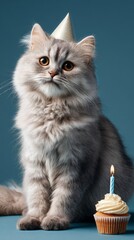 Fototapeta premium Cute Cat Celebrates Birthday With a Cupcake and Candle in a Cozy Setting