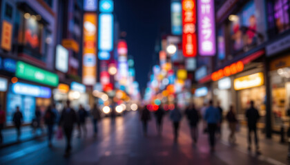 Fototapeta premium Vibrant, blurred nighttime street scene in a bustling Asian city, showcasing illuminated storefronts and pedestrians.