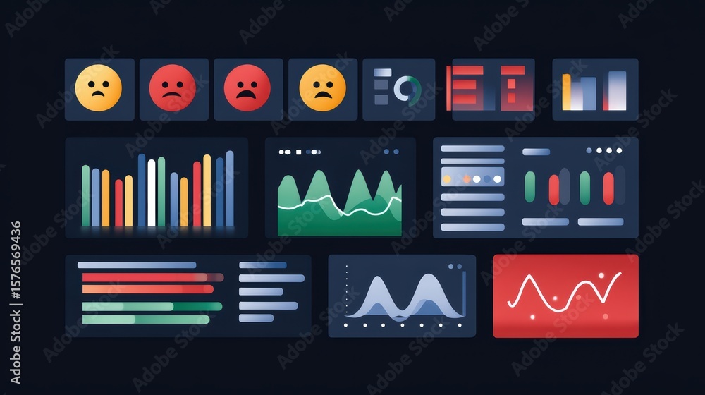 Poster colorful analysis dashboard with graphs, charts, and emotional icons representing data insights and 