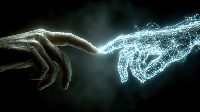 A captivating image of two hands, one real and the other digital, about to touch.