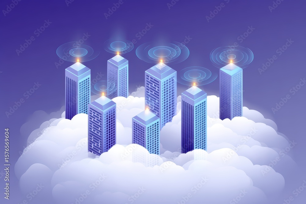 Poster futuristic cityscape with digital towers emerging from soft clouds and radiating signals in a vibran