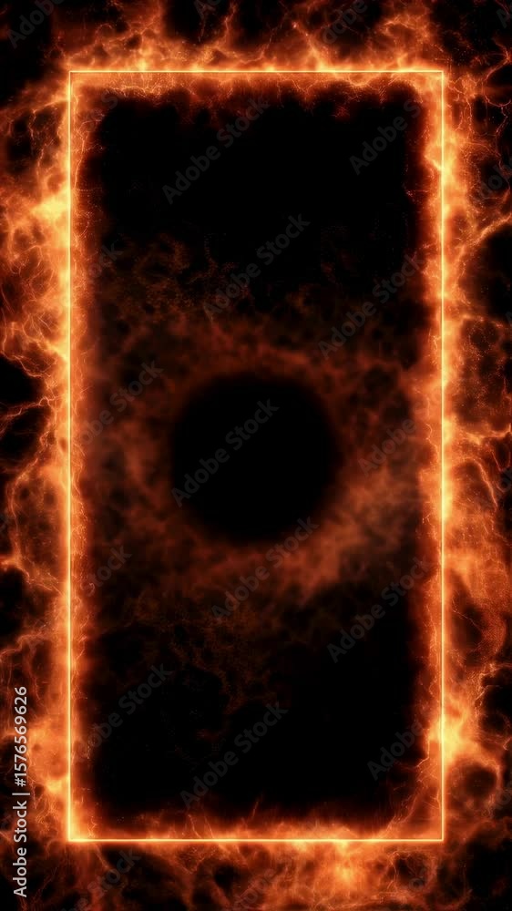 Poster intense orange flames consuming rectangular frame against deep black background, generating powerful