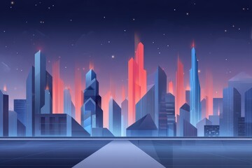 Fototapeta premium Futuristic Cityscape at Night with Vibrant Colors and Geometric Skyscrapers Beneath a Starry Sky and Glowing Lights