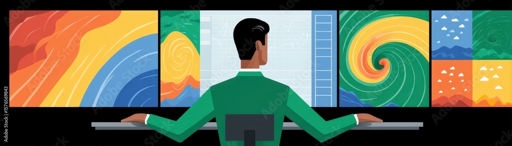 Poster professional analyst engaged in data visualization at a modern high-tech workspace with dynamic grap