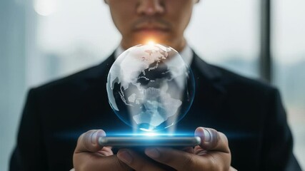 Businessman Holding Illuminated Digital Globe On Smartphone Screen With Soft Lighting - Powered by Adobe