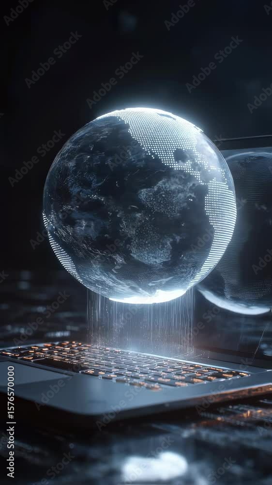 Poster digital world concept featuring a rotating hologram of planet earth floating above a laptop keyboard
