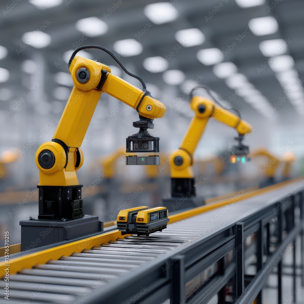 Poster robotic arm in modern factory performing automated assembly on production line