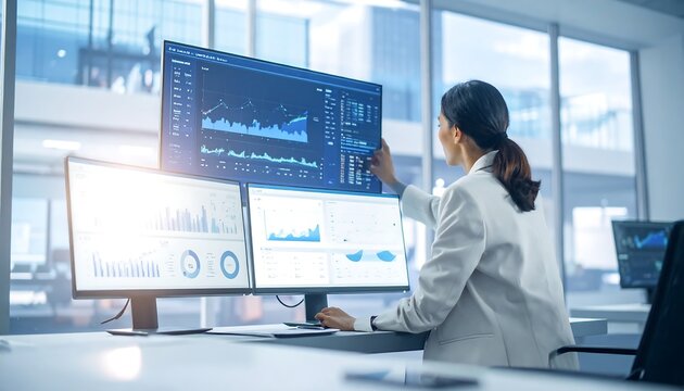 Woman analyzing financial data on multiple screens - Powered by Adobe