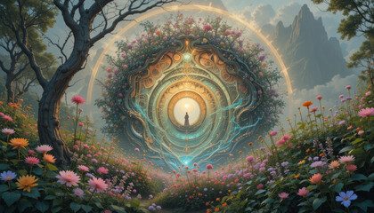 A serene, glowing portal in a vibrant floral forest, leading to a light-filled space.