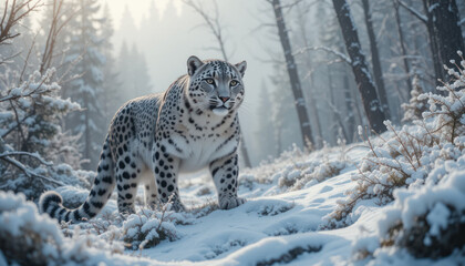 Majestic snow leopard standing alert in a snow-covered winter forest, sunlight filtering through the trees.