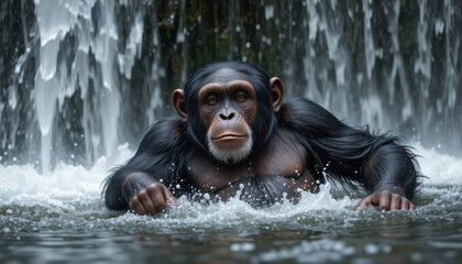 A chimpanzee stands in water beneath a cascading waterfall, looking forward.
