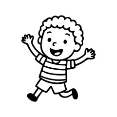 Smiling cartoon boy jumping with raised hands. Black and white coloring page for kids. Childhood joy and active play concept