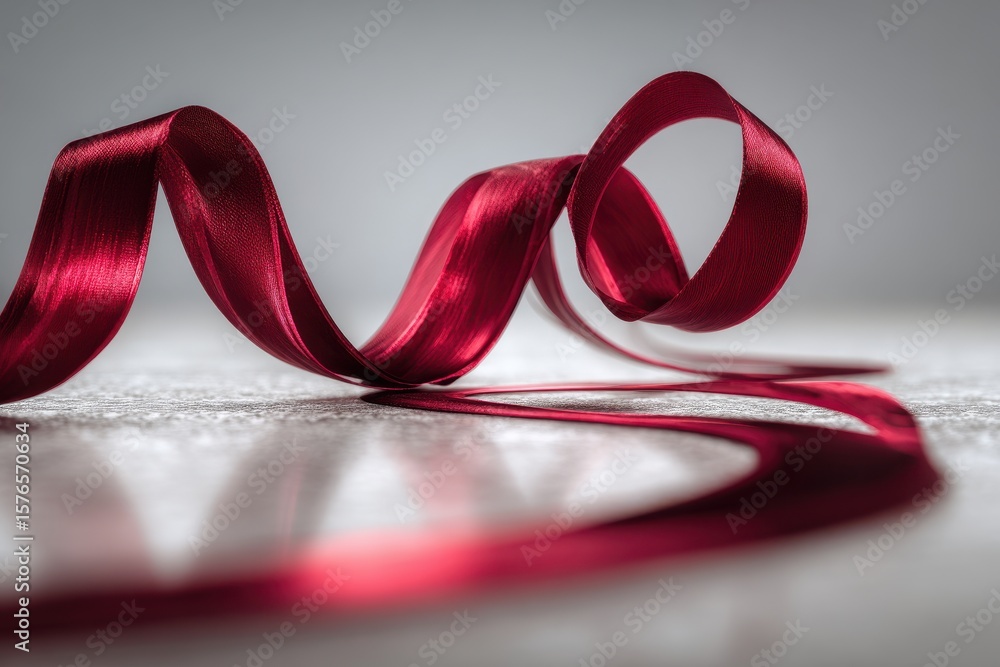 Poster red satin ribbon twirls and loops on a light textured surface creating elegant shapes