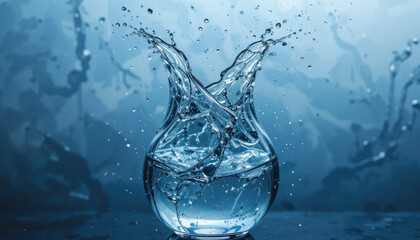 Water splashes upward from a glass vase, creating a dynamic and refreshing visual against a blurred blue backdrop.