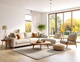 Modern living room with fall view