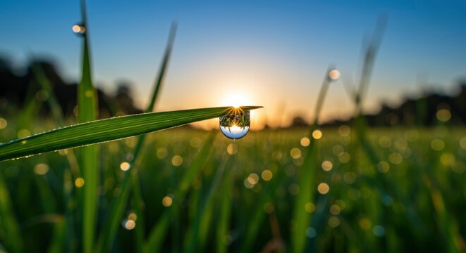 Sunrise reflected in a dewdrop on grass a natural prism capturing the world in miniature