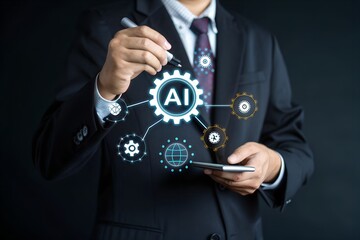 Businessman's hand touches a virtual social network icon on a screen, symbolizing global business communication and technological connection