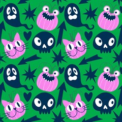 Halloween animals cartoon seamless cat monsters pattern for wrapping and kids clothes print and party accessories