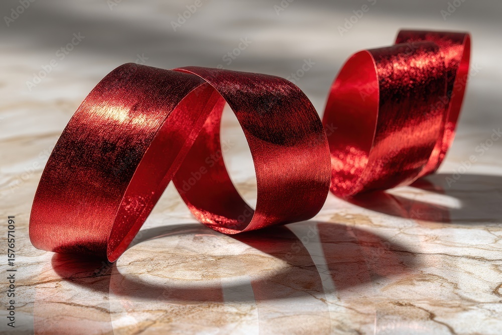 Poster red satin ribbon twirls and loops on a light textured surface creating elegant shapes