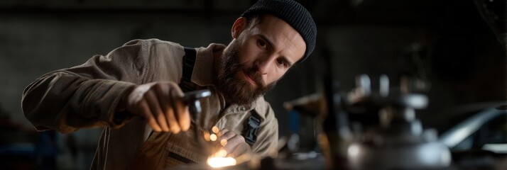 Skilled mechanic working in garage with focus and precision