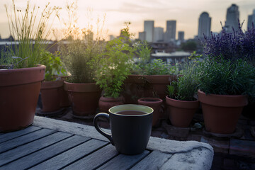 Rooftop Sunset with Coffee and Potted Herbs